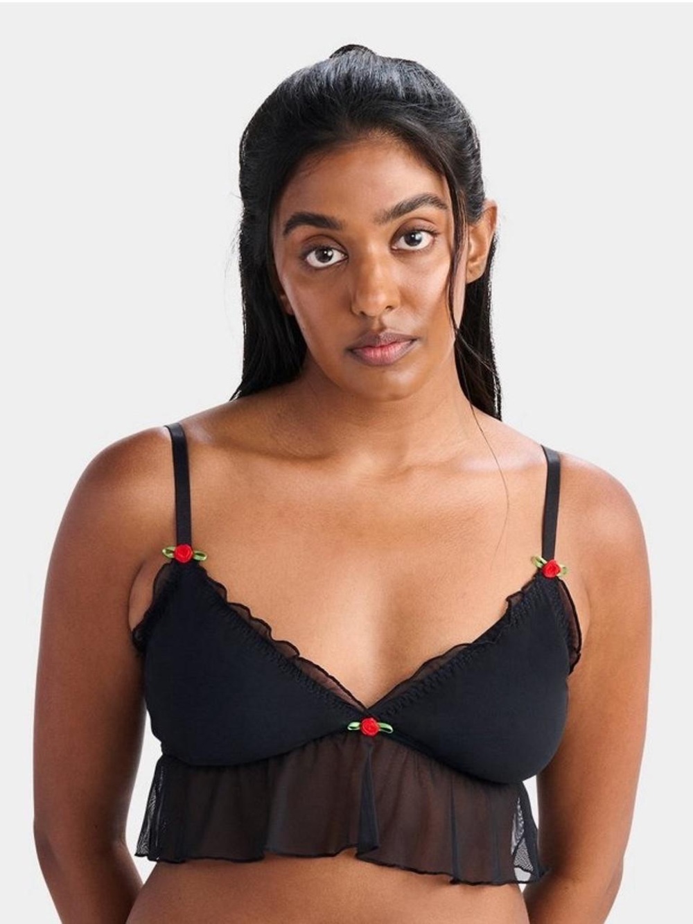 Sheer Black Ruffle Bralette with Red Rose Accents